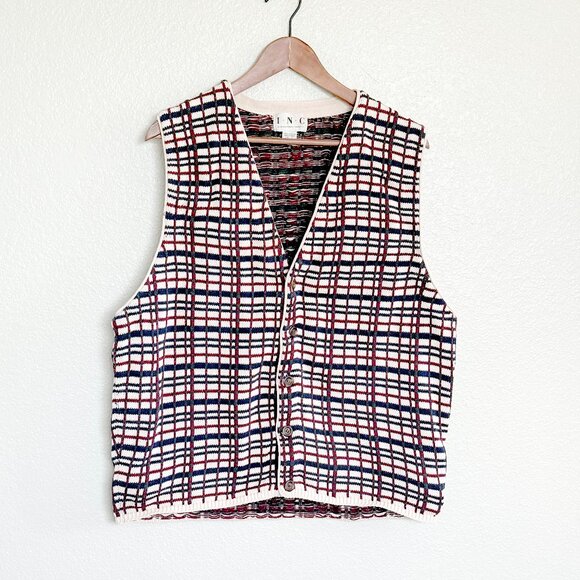 Vintage Men's 100% Cotton Plaid Grandpa Sweater Vest by INC Size L - Picture 4 of 10